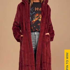 Lulus Cozy Queen Red Wine Long Faux Fur Coat